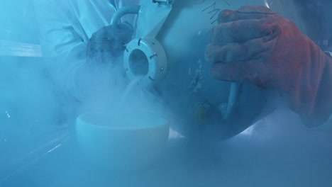 scientists pouring chemical in mortar 4k