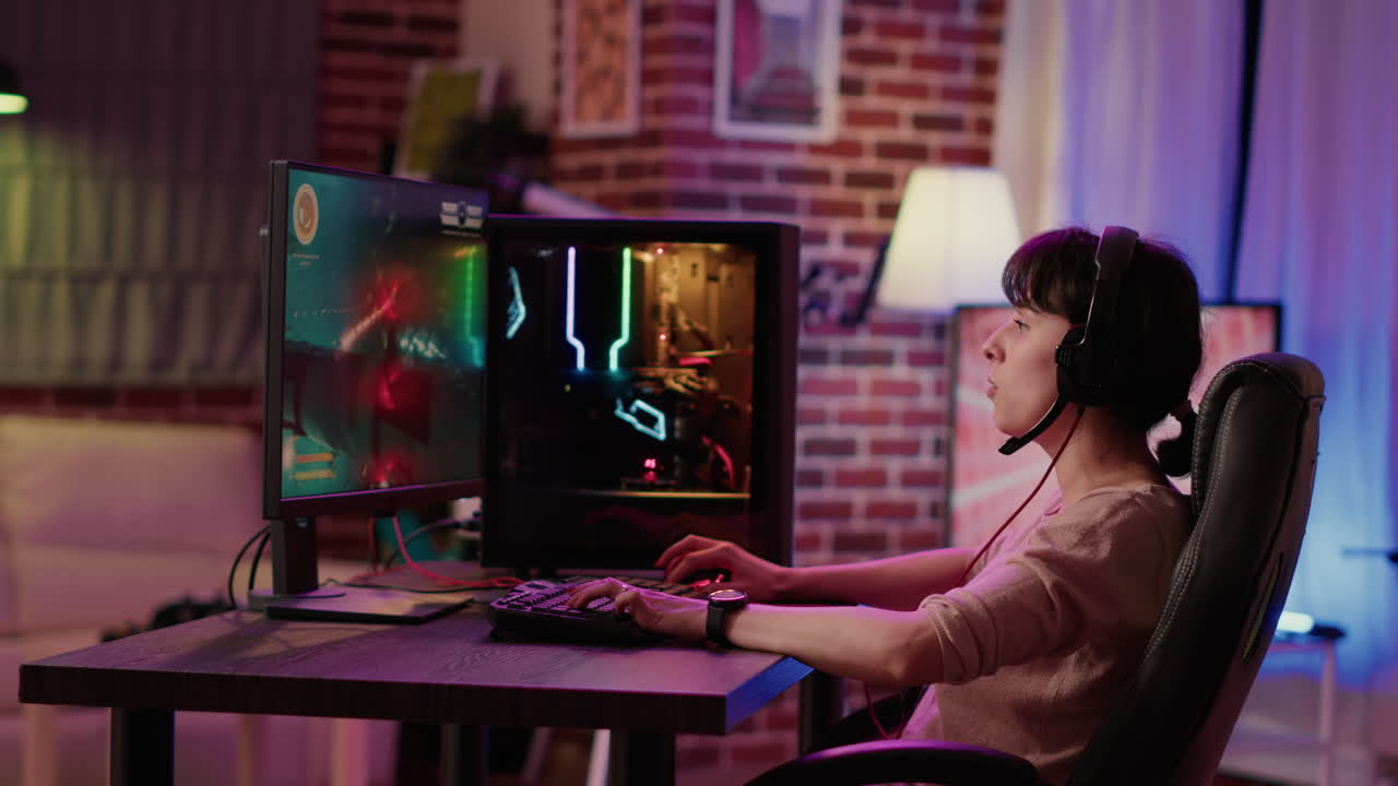Caucasian gamer girl relaxing playing fast paced space shooter simulation on professional pc setup
