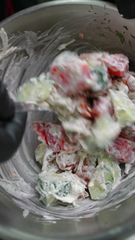 vertical footage professional chef wearing white gloves mixing vibrant summer salad with creamy dressing, combining fresh tomatoes, cucumbers, onions, and dill in metal bowl
