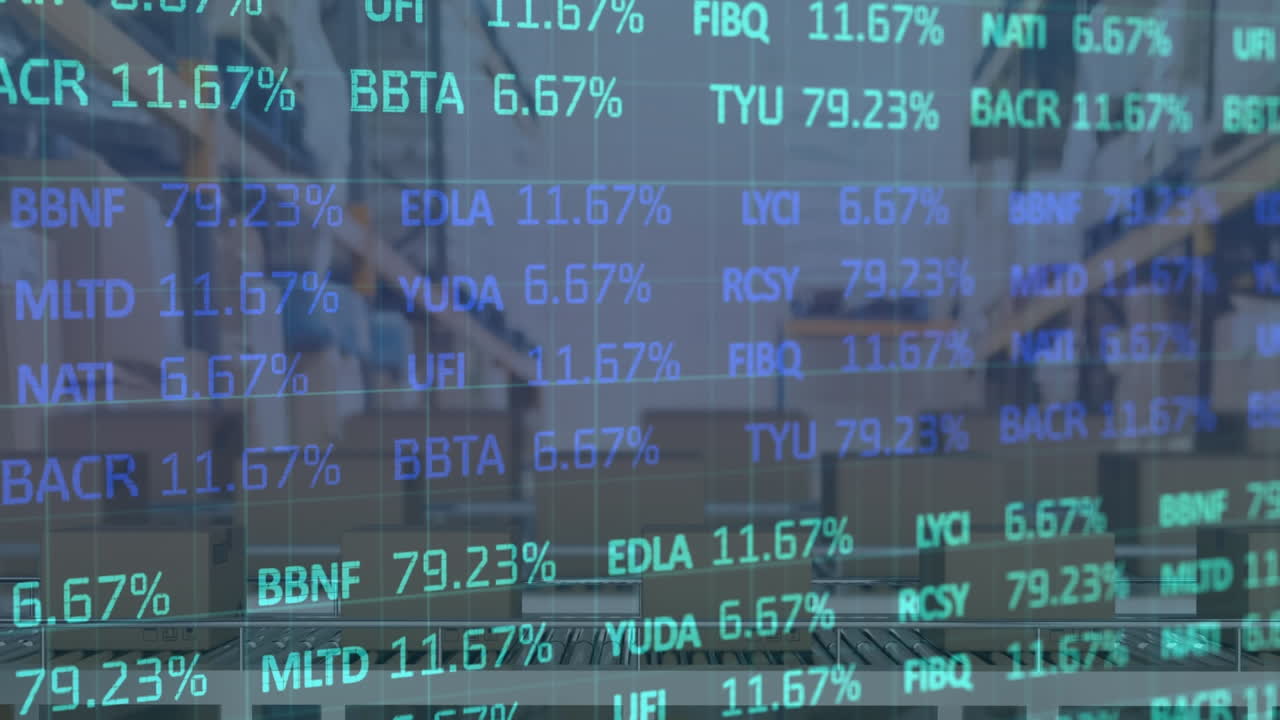 배경에서 컨베이어 벨트에 있는 카드보드 상자 위에서 금융 데이터 처리의 애니메이션