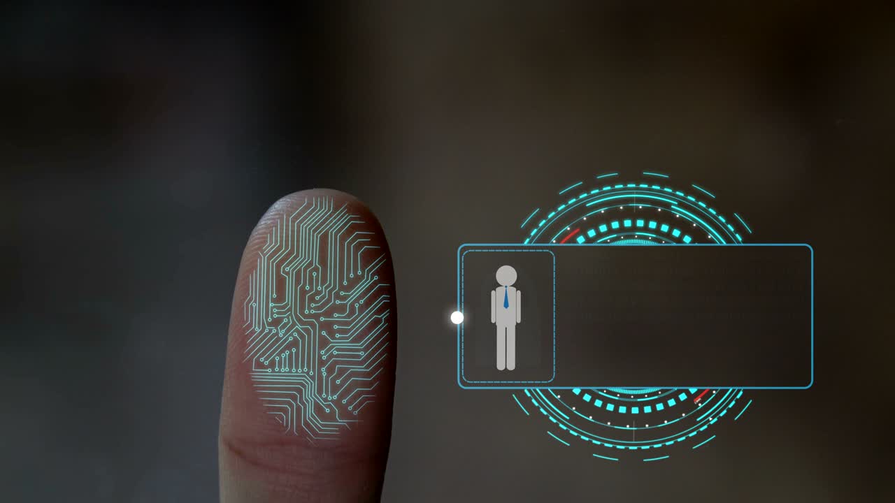 escaneo de huellas dactilares y holograma de datos digitales para el sistema de seguridad en tecnología futurista.