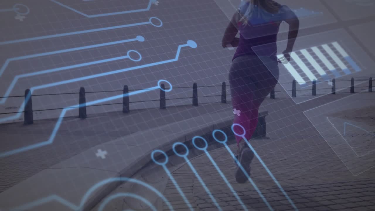 Runner entering waterfront jogging past posts while health data graphics animating along promenade