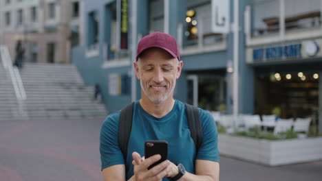 portrait of mature attractive caucasian tourist man wearing hat using smartphone app texting browsing enjoying vacation travel