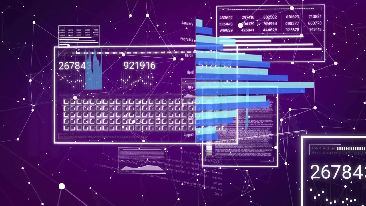 Translucent frame appearing starting turquoise bars animating as panels cycling visualizing network