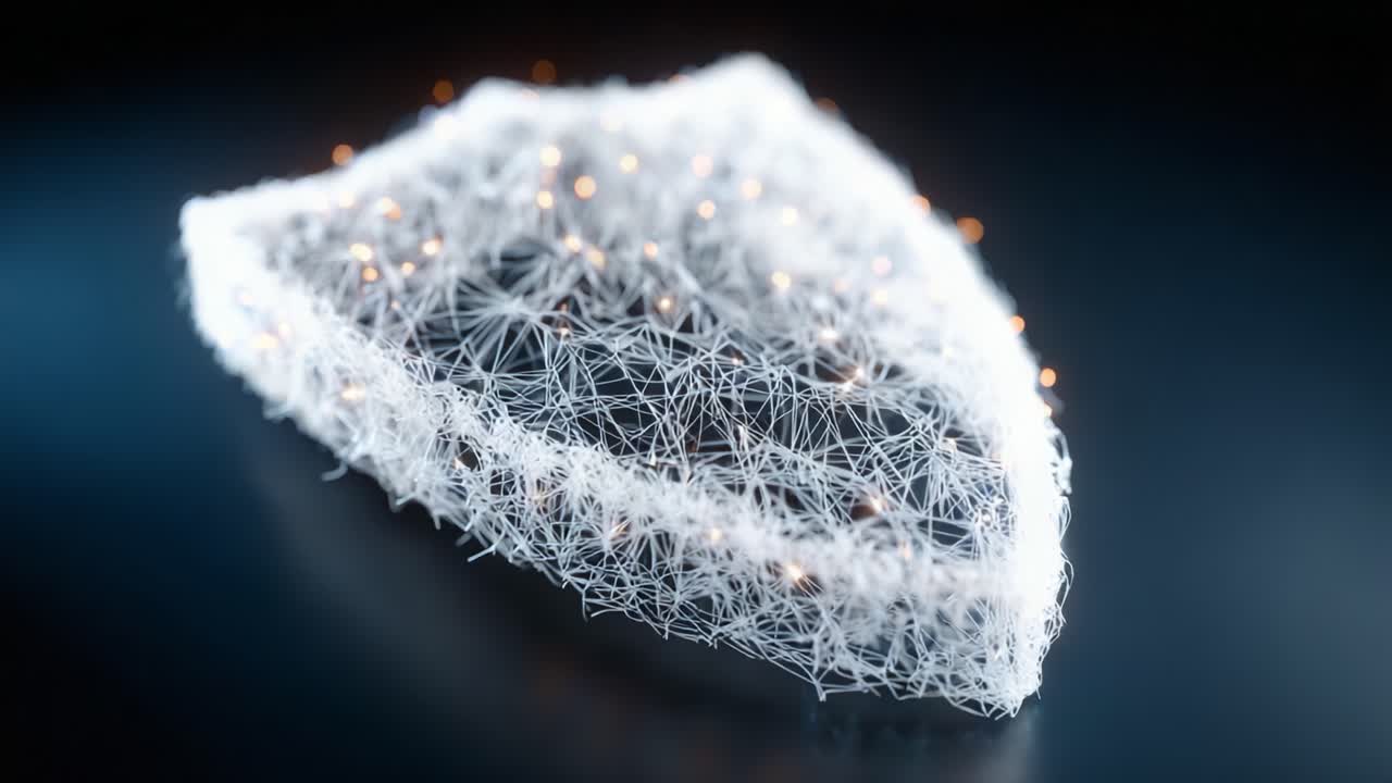A Glowing Network of Lights: An Artistic Representation of a Shield Constructed from Interconnected Filaments and Illuminated Nodes, Capturing the Essence of Technology and Protection