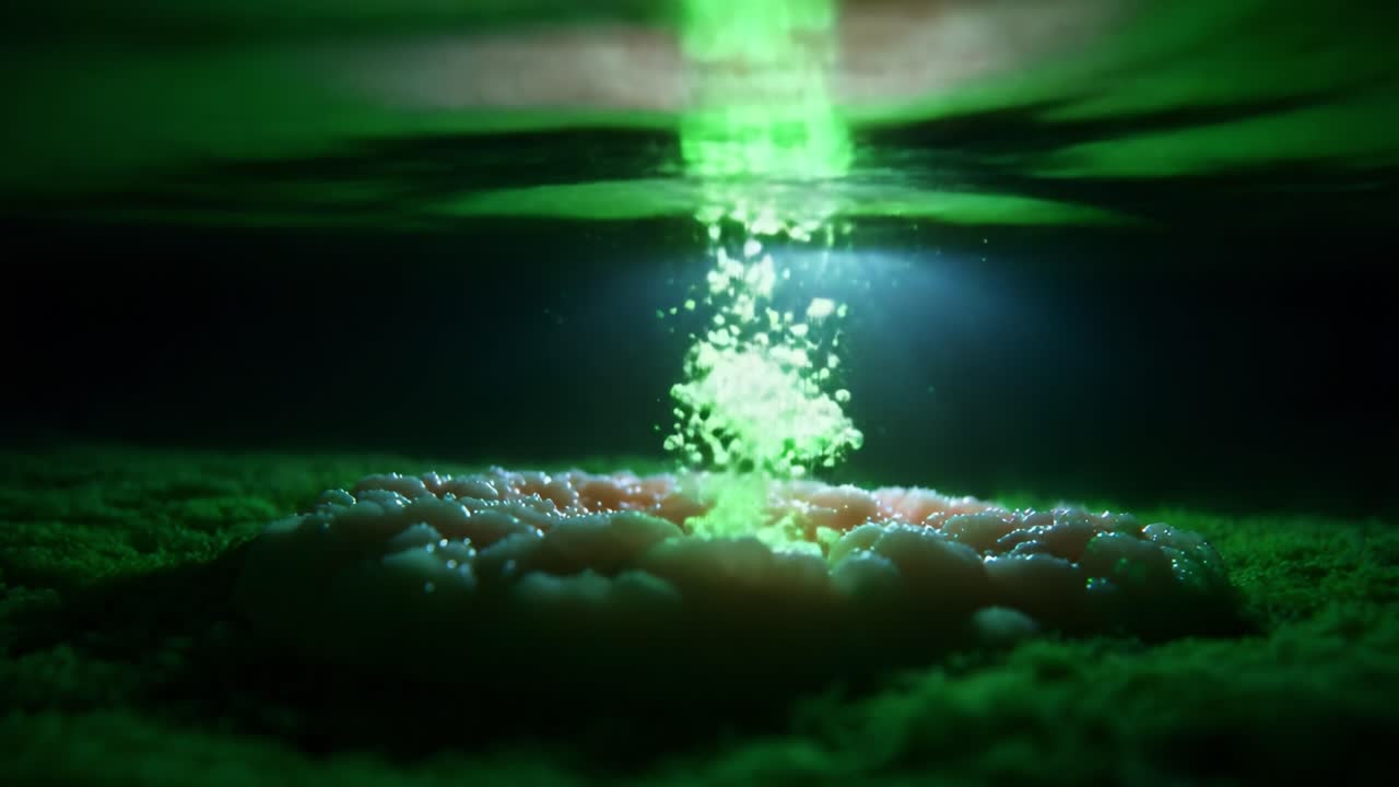 An Ethereal Underwater Scene Illustrating Bioluminescence: A Radiant Glow Emanating from a Gelatinous Structure Surrounded by Vibrant Green Water and Bubbles Illuminated by Light Rays