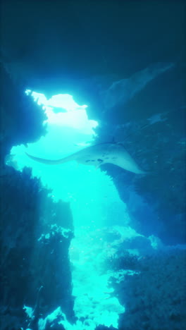 a manta ray swims through a coral reef