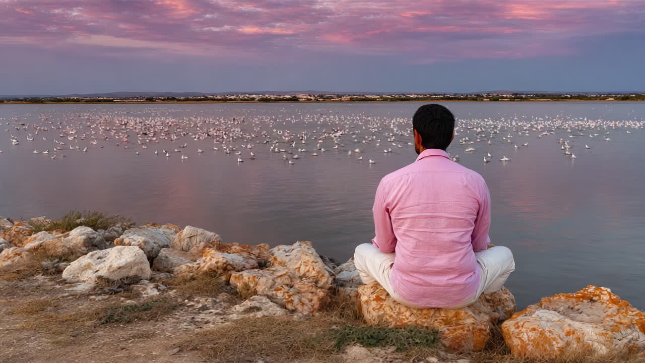 A serene moment of reflection by the water, where a lone figure sits on a rock, overlooking a tranquil lake filled with graceful flamingos beneath a vibrant dawn sky