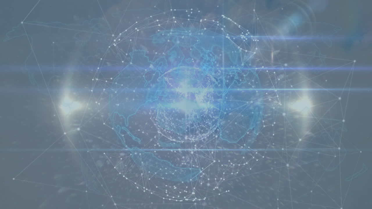 지구의 애니메이션과 하늘 위의 연결 네트워크