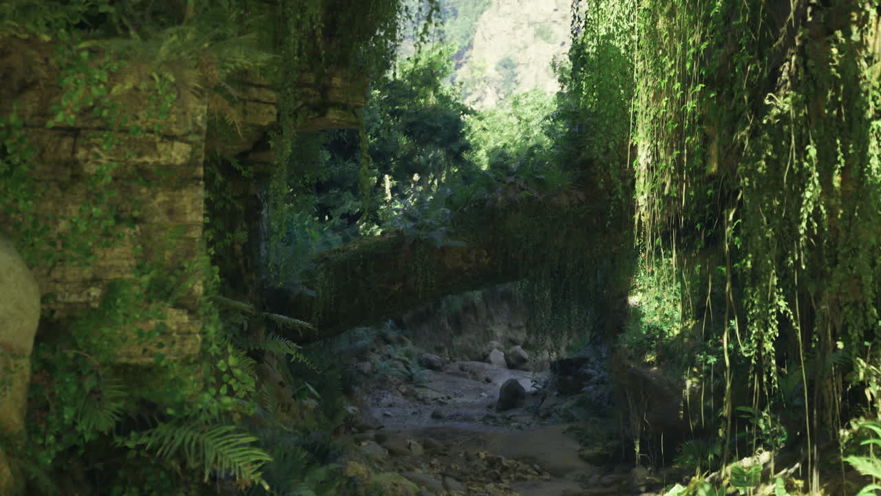 Lush green valley with ancient ruins and rich vegetation in sunlight
