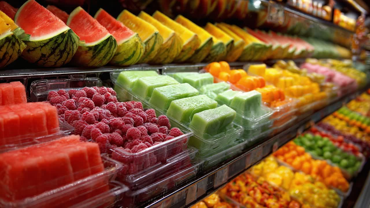 Exibição vibrante de frutas frescas em um mercado: um banquete para os olhos com melancias coloridas, framboesas maduras e melões suculentos dispostos de forma organizada