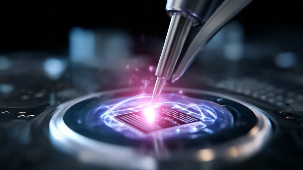 Fascinating Process of Microchip Assembly: An Animation Featuring Precision Tools Engaging with Advanced Circuitry in a Technologically Rich Environment, Highlighting the Intricacies of Modern Electronics Manufacturing