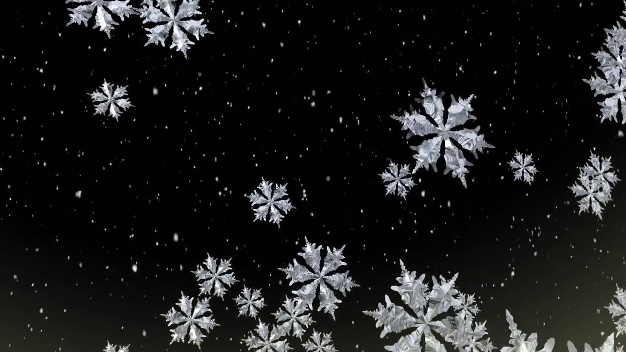 Digital animasjon av vindusramme mot fallende snøflak på svart bakgrunn