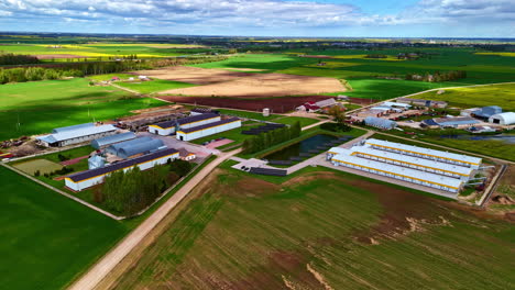 aerial view of dairy farm complex with solar panels.