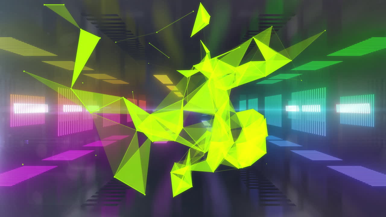 animación de formas verdes sobre fondo negro con luces de colores