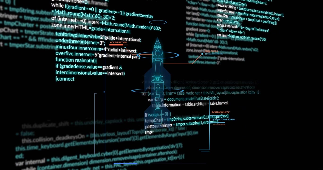 Rocket schematic being displayed on dark code interface, showing concentric rings and system labels
