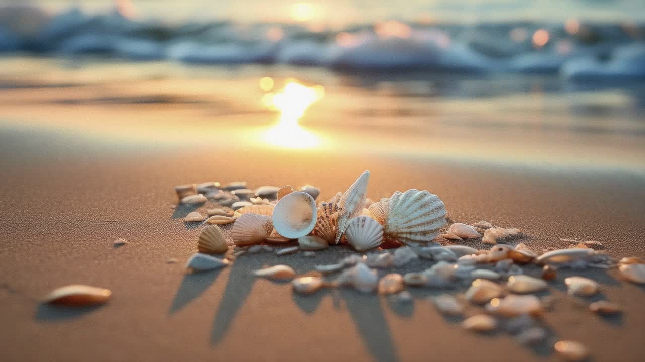 Close-up video shot of seashells on a sandy beach at sunset, capturing the warm glow and tranquil