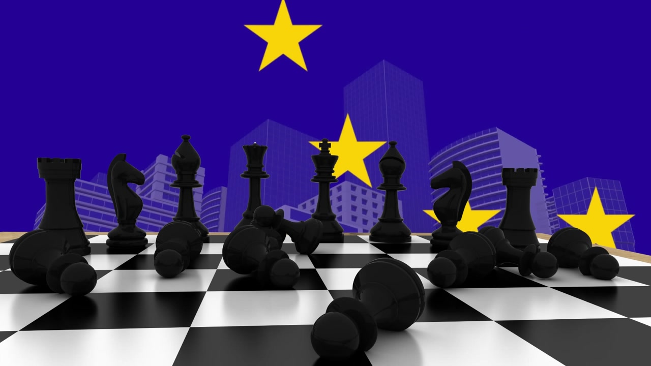 Animazione di un pezzo degli scacchi su scacchiera, bandiera dell'Unione Europea ed edifici su sfondo blu