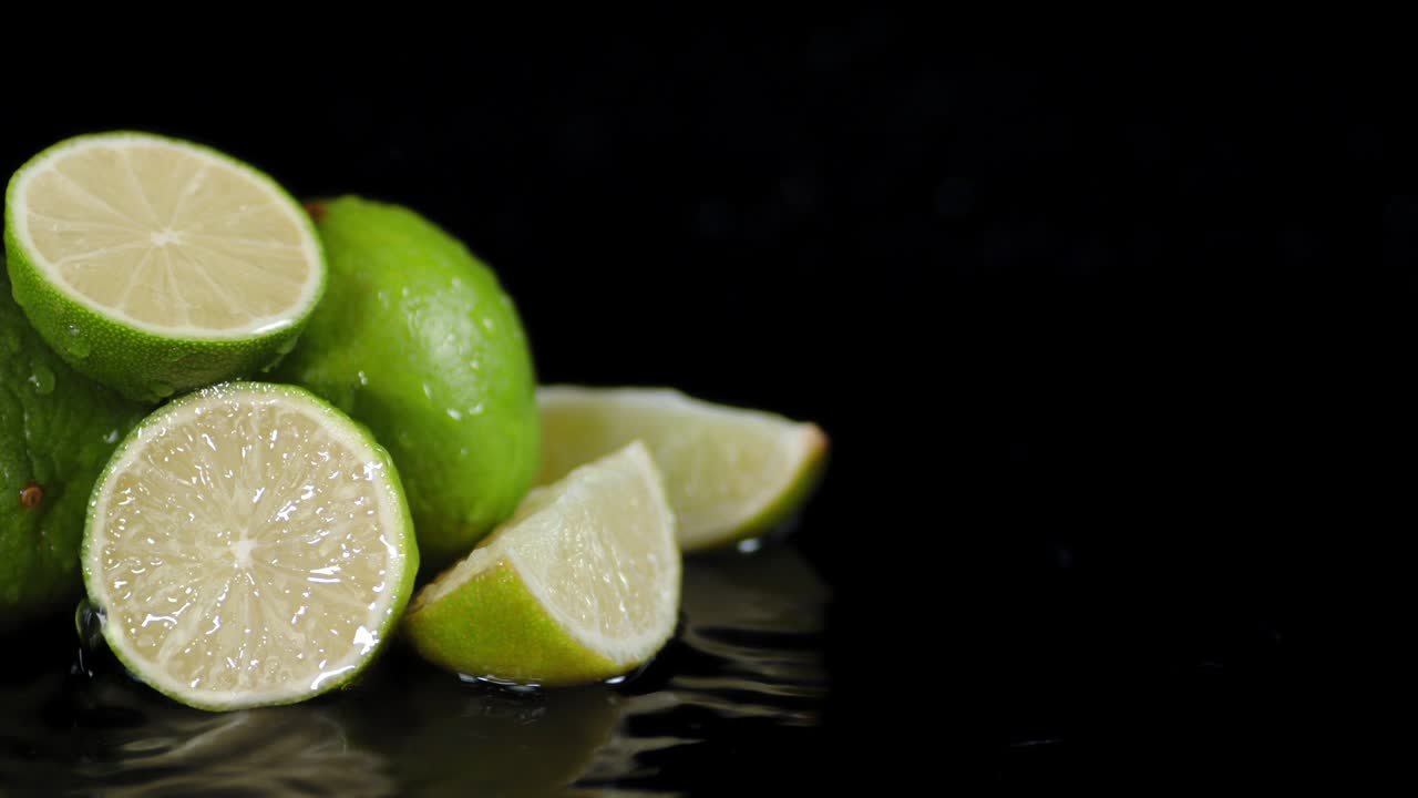 Drops of water falling on the slices of fresh lime.