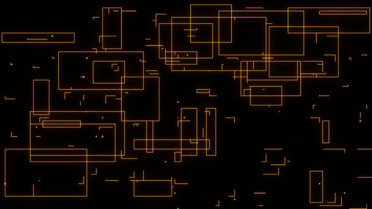 Abstract orange glowing digital circuit board lines on black background