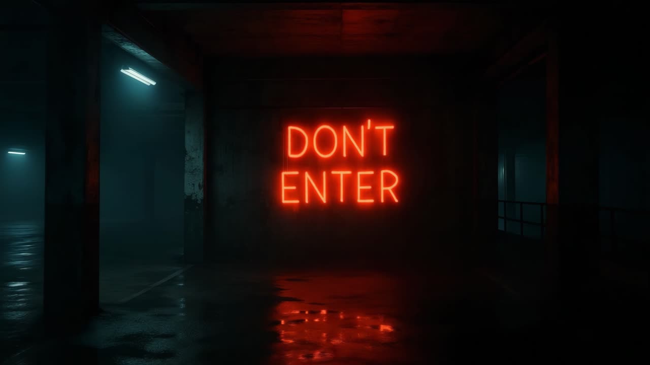 Neon sign glowing in dark industrial space with reflections and atmospheric lighting effects