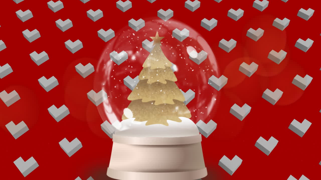 animación de bola de nieve con árbol de navidad y estrella fugaz sobre el espacio rojo con corazones digitales.