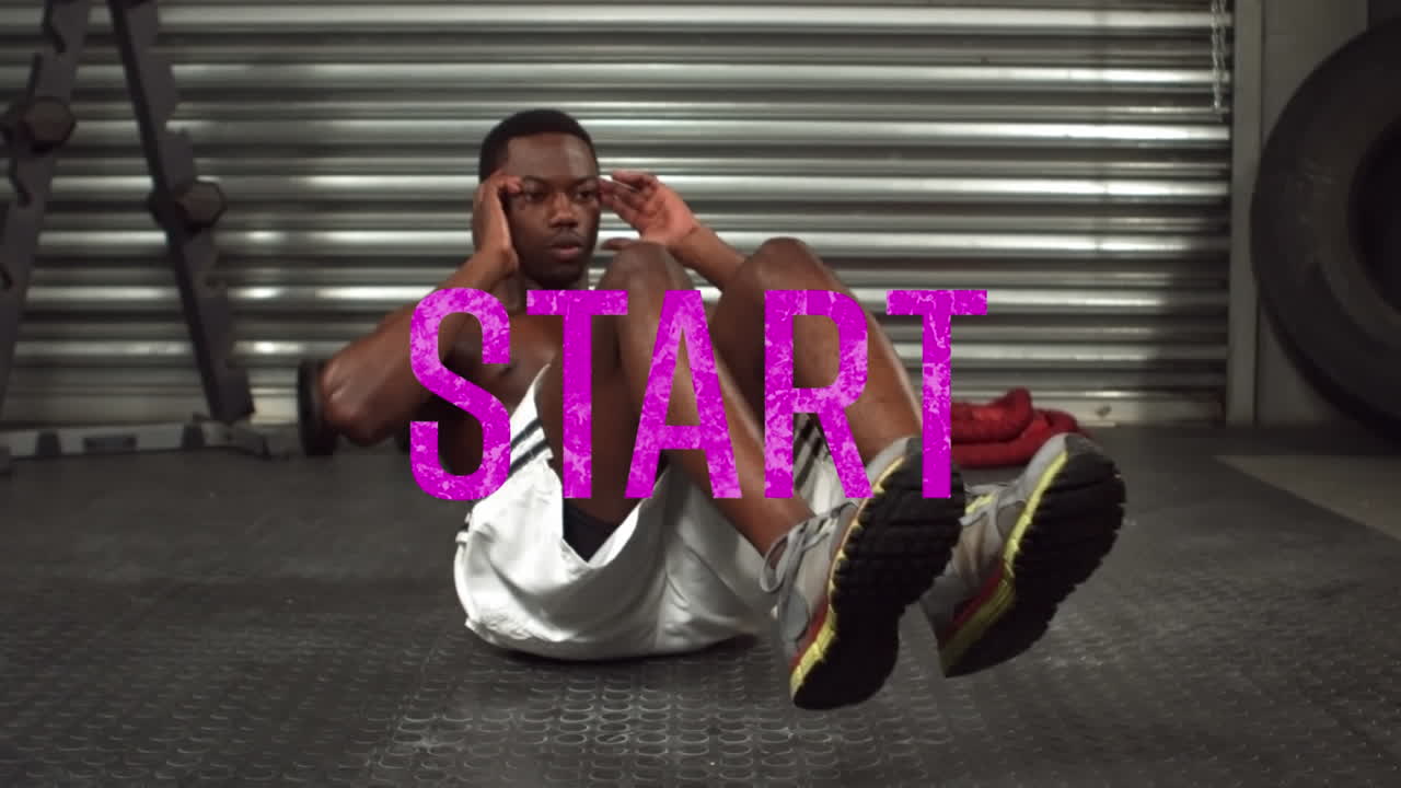 핑크색 문자로 시작 텍스트의 애니메이션 남자가 crunches를하고