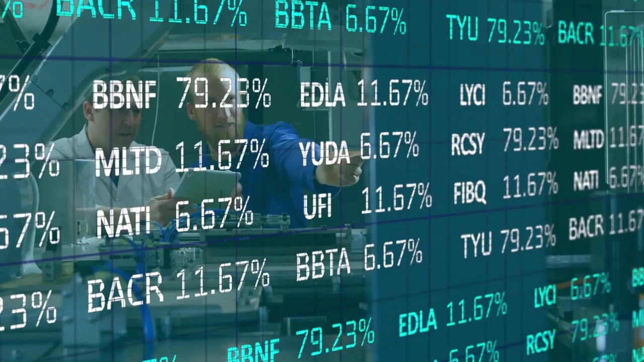 Stock percentages rising on glass screen, two engineers adjusting cables and monitoring data in lab