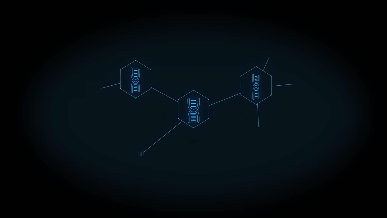 animación de una red creciente de iconos de cadena de adn azul en fondo negro