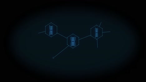 Animation-of-growing-network-of-blue-dna-strand-icons-on-black-background