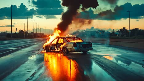 a burnt out car on the side of the road with flames coming out of it