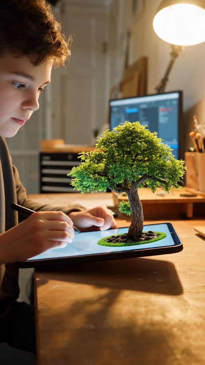 Boy creating a digital bonsai tree on a tablet