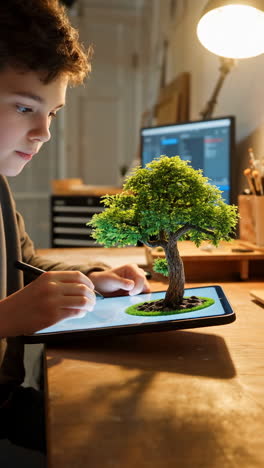 Boy creating a digital bonsai tree on a tablet