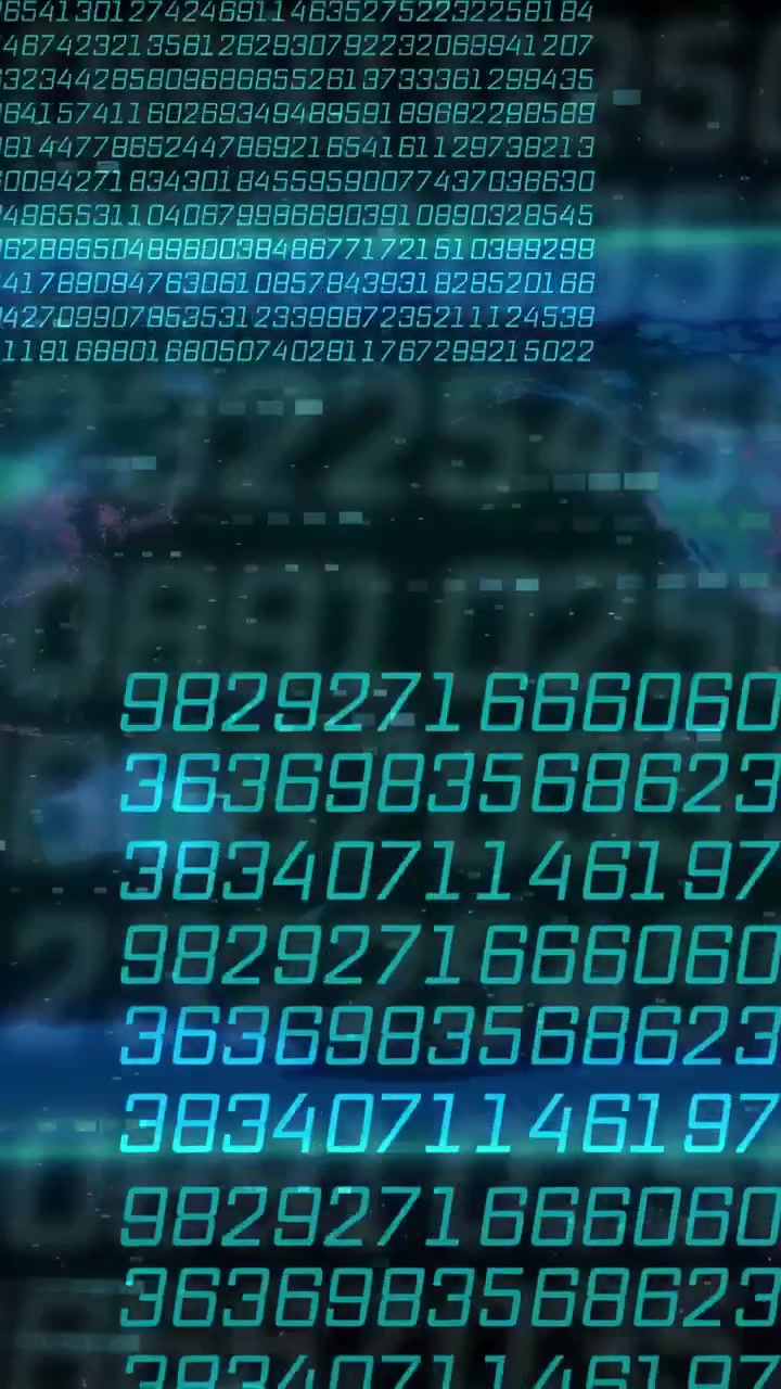 Vertical video: Incoming teal digits initiating flow, data columns scrolling, showing live readout