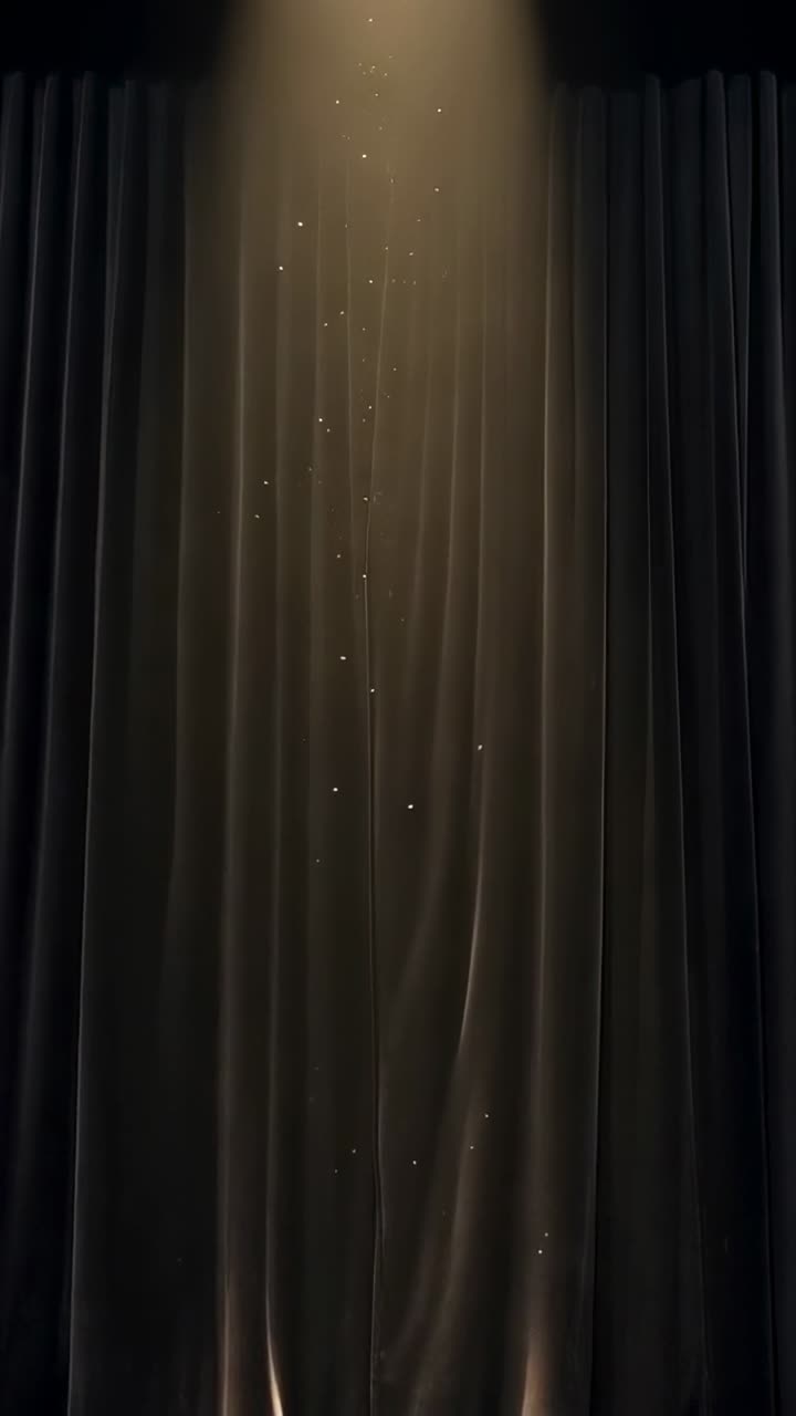 Pionowy film: opadający ciepły reflektor oświetla opadający kurz na kurtynie scenicznej, ogrzewając fałdy