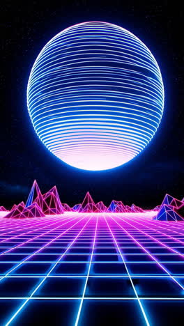 retro neon grid landscape with glowing sphere
