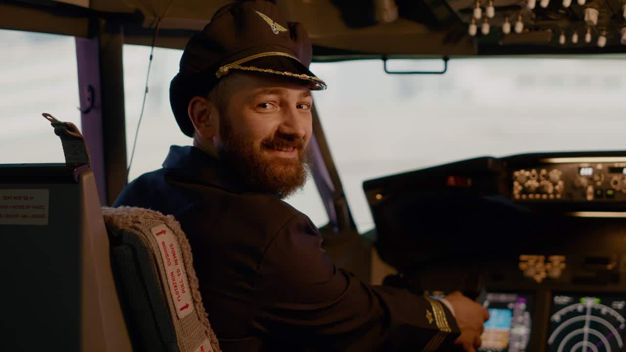 Portrait of airline captain sitting in pilot seat to fly airplane
