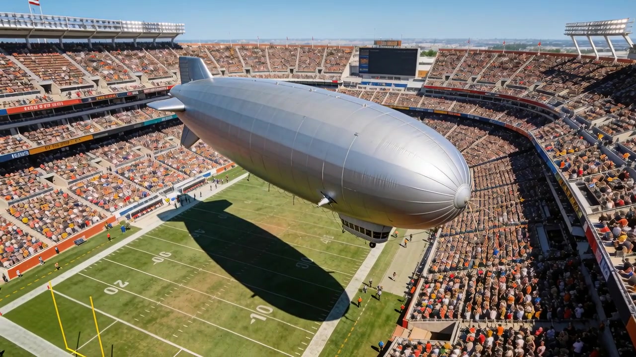 Svævende luftskib starter planlagt overflyvning over stadion, kaster skygge og viser fans i gondolen iført trøjer.