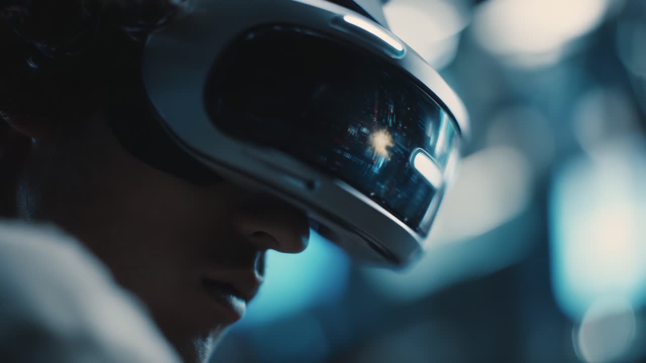 A close-up view of a person wearing virtual reality goggles, deeply immersed in an interactive digital experience, showcasing advanced technology and the future of entertainment and simulation