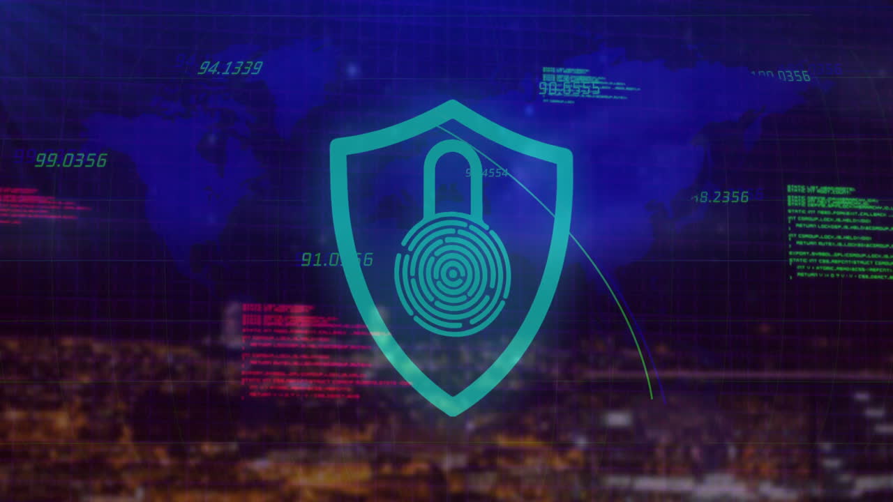 animación del procesamiento de datos sobre el mapa del mundo y el candado