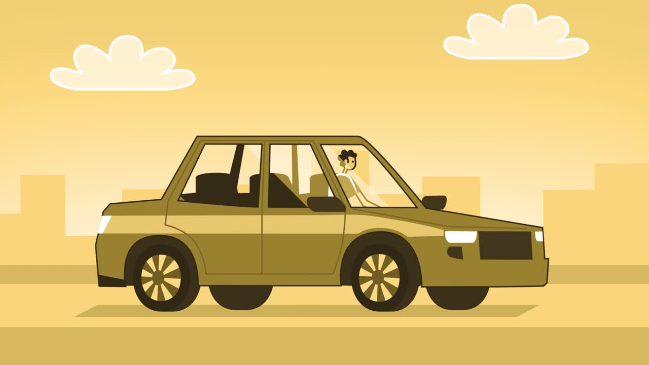 Yellow Style Man Flat Character Driving Car. Isolated Loop Animation with Alpha Channel