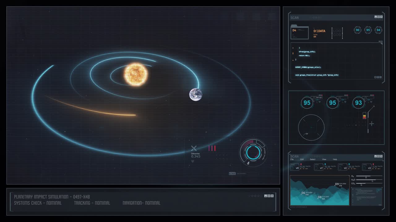 Digital Display Sci-Fi HUD - Holographic Solar System with Asteroid Impact