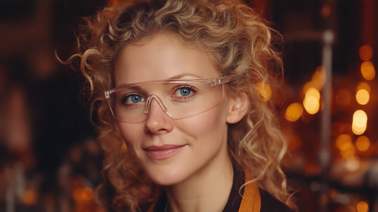 Porträt einer lächelnden Frau mit lockigem Haar und Schutzbrille in einer warm beleuchteten Umgebung, die Selbstvertrauen und Charme ausstrahlt