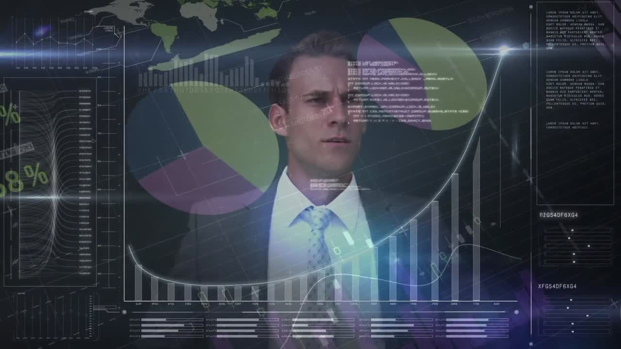 hombre de negocios caucásico dibujando gráficos y datos en el fondo.