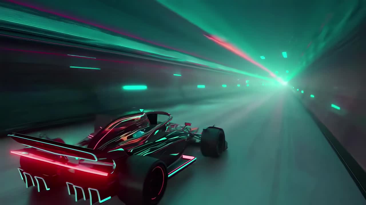 Futuristisk racerbil suser gjennom en neonopplyst tunnel