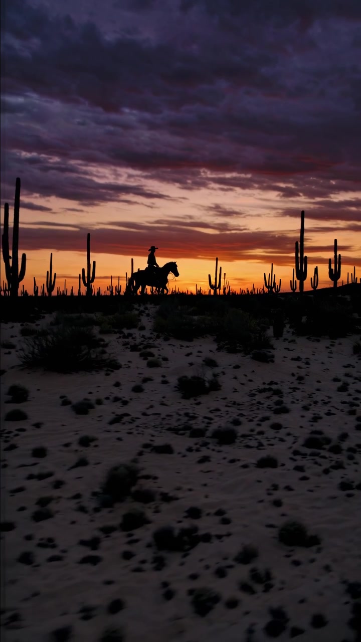 Cowboy a cavallo attraverso un paesaggio desertico al tramonto