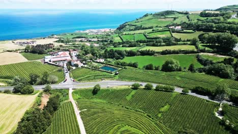 Vista-Aérea-De-La-Casa-Principal-De-Cha-Gorreana-Y-De-Las-Exuberantes-Terrazas-De-Té,-Isla-De-Sao-Miguel,-Azores