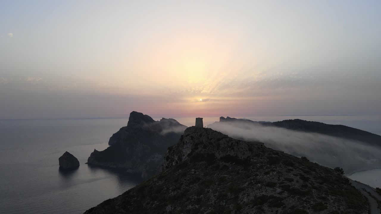 Drone shot of Majorca Cap de Formentor Talaia d'Albercutx at dusk, Alcudia
