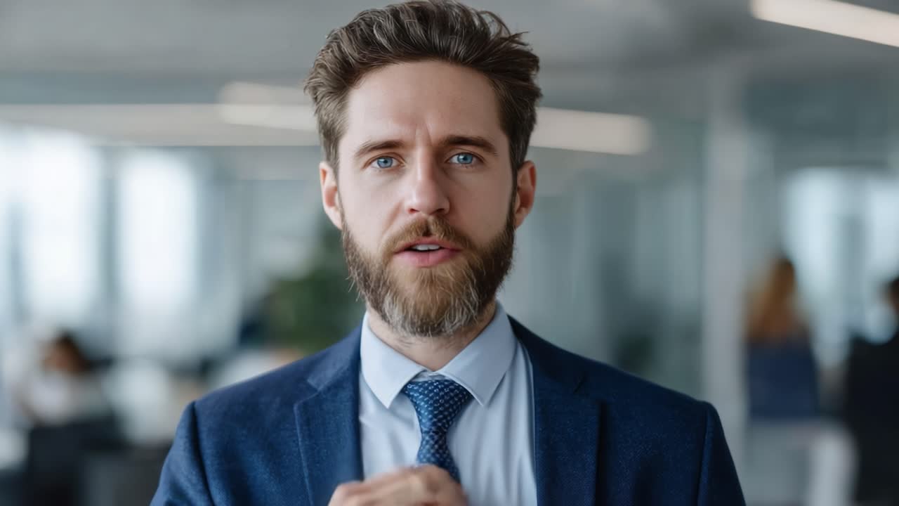 Professional Man in Business Attire Engaging with Audience in Modern Office Setting, Demonstrating Confidence and Communication Skills