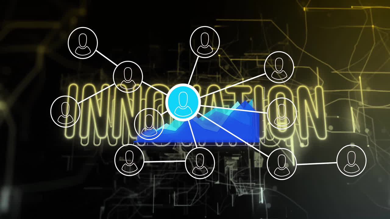 Network of connections and data processing animation over INNOVATION text